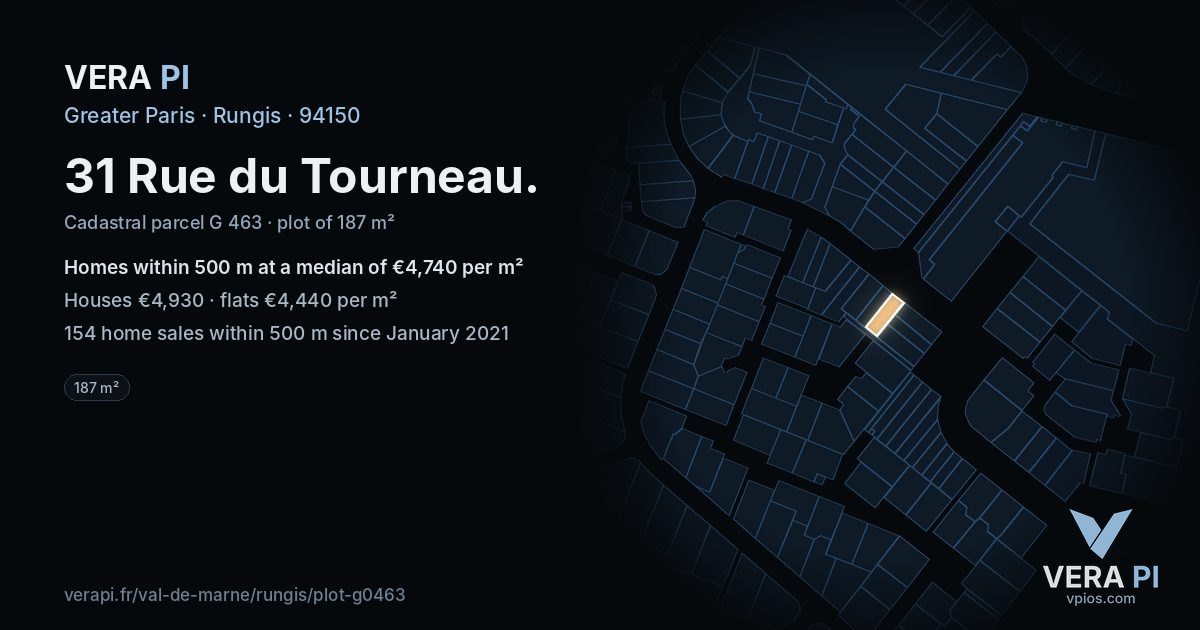 31 Rue du Tourneau, Rungis at night – the plot lit, the parcels around coloured by the prices near them