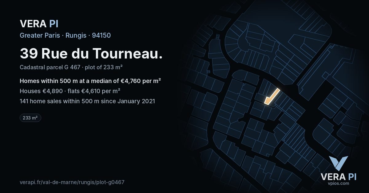 39 Rue du Tourneau, Rungis at night – the plot lit, the parcels around coloured by the prices near them
