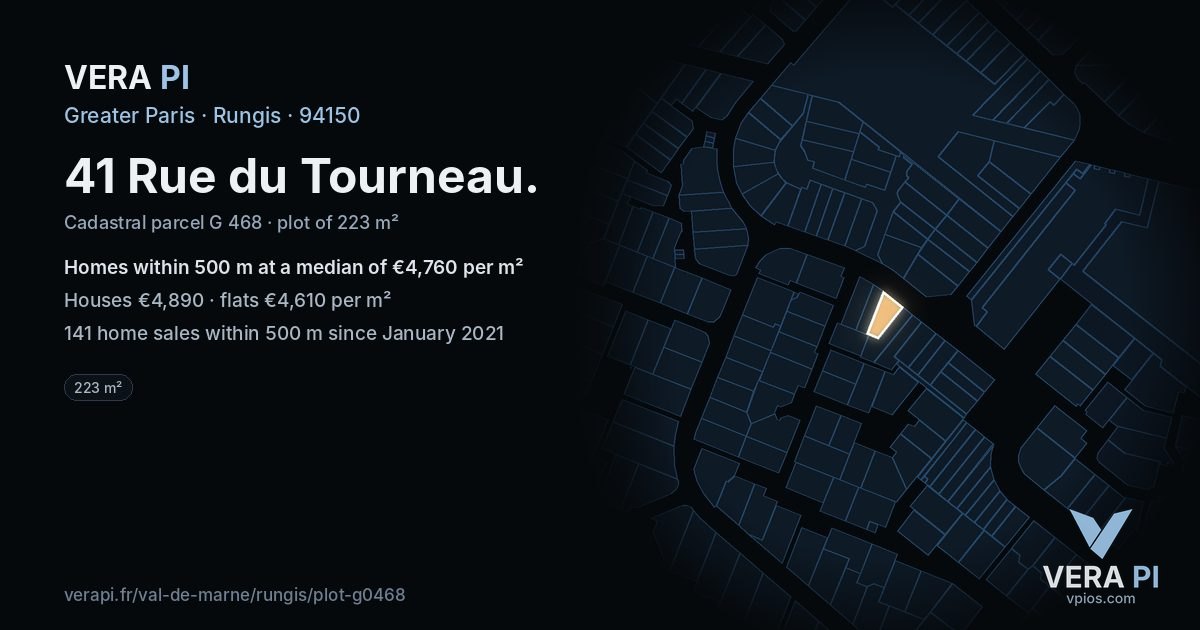 41 Rue du Tourneau, Rungis at night – the plot lit, the parcels around coloured by the prices near them