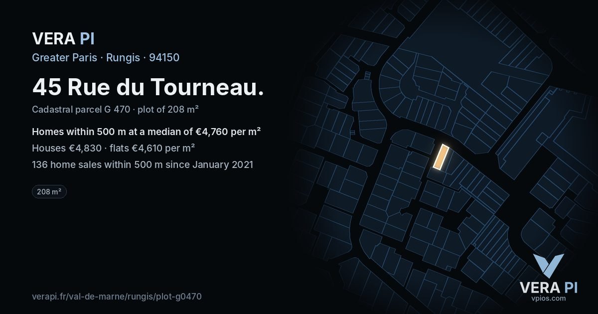 45 Rue du Tourneau, Rungis at night – the plot lit, the parcels around coloured by the prices near them