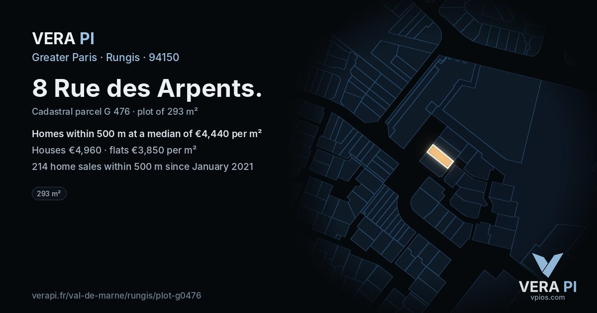 8 Rue des Arpents, Rungis at night – the plot lit, the parcels around coloured by the prices near them