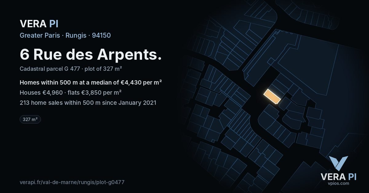 6 Rue des Arpents, Rungis at night – the plot lit, the parcels around coloured by the prices near them