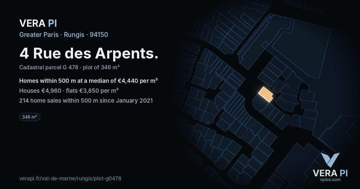 4 Rue des Arpents, Rungis at night – the plot lit, the parcels around coloured by the prices near them