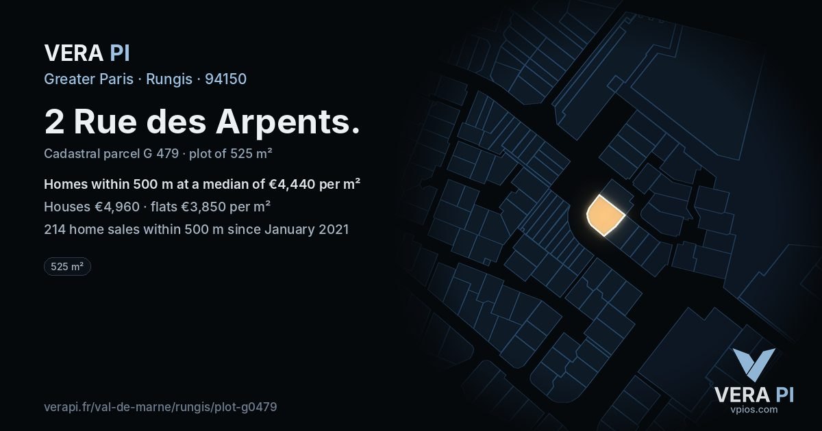 2 Rue des Arpents, Rungis at night – the plot lit, the parcels around coloured by the prices near them