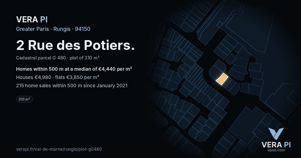 2 Rue des Potiers, Rungis at night – the plot lit, the parcels around coloured by the prices near them