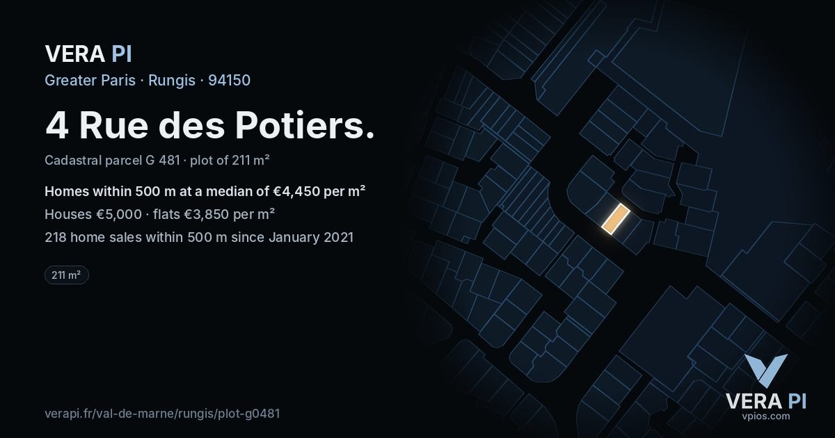 4 Rue des Potiers, Rungis at night – the plot lit, the parcels around coloured by the prices near them