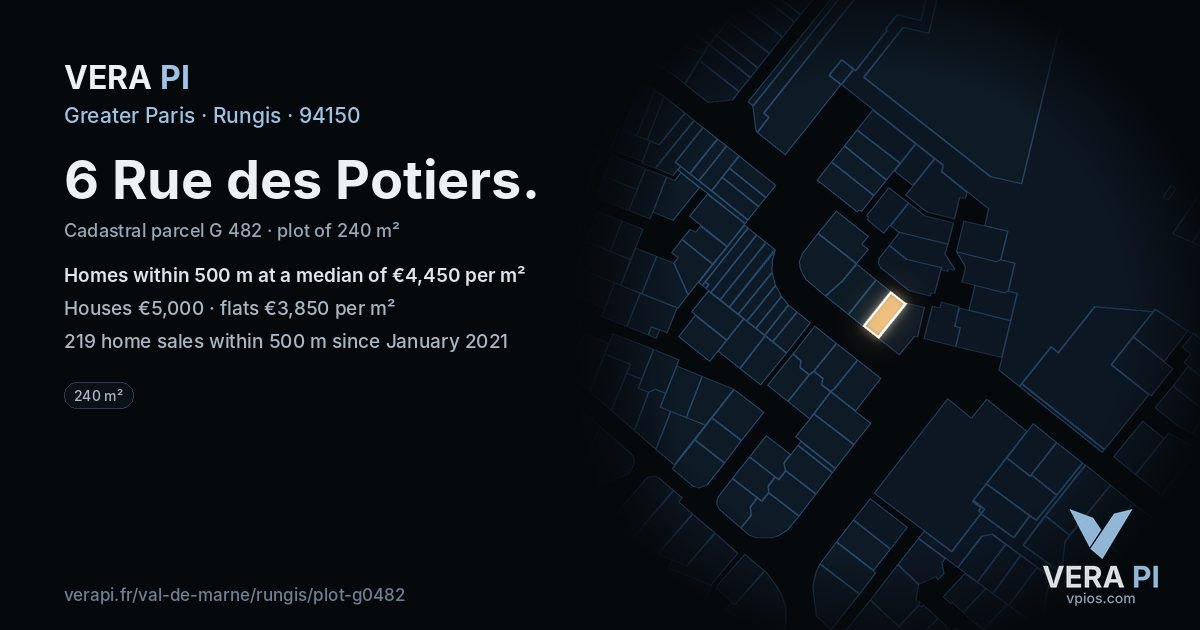 6 Rue des Potiers, Rungis at night – the plot lit, the parcels around coloured by the prices near them