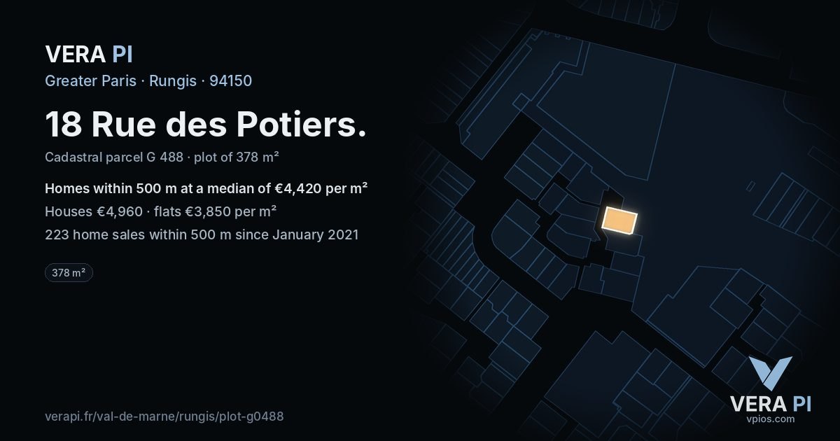 18 Rue des Potiers, Rungis at night – the plot lit, the parcels around coloured by the prices near them