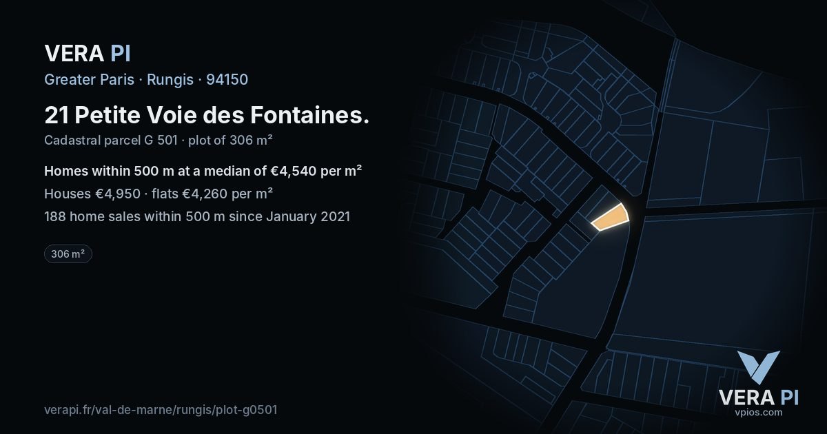 21 Petite Voie des Fontaines, Rungis at night – the plot lit, the parcels around coloured by the prices near them