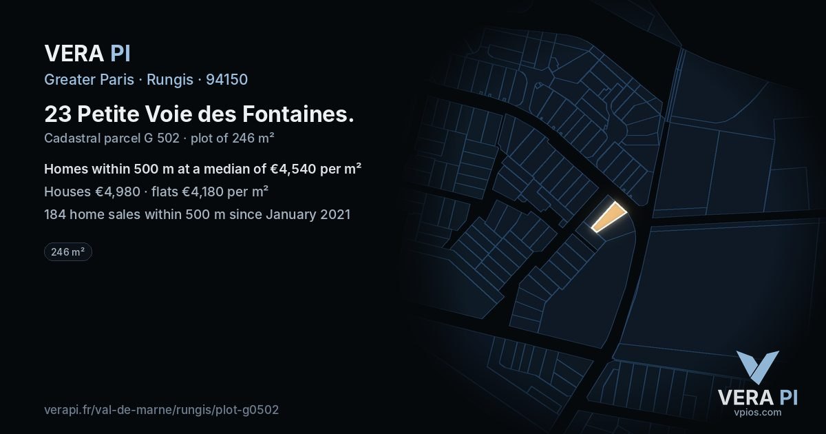 23 Petite Voie des Fontaines, Rungis at night – the plot lit, the parcels around coloured by the prices near them