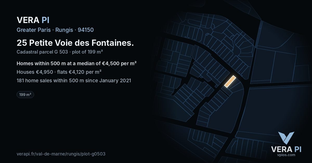 25 Petite Voie des Fontaines, Rungis at night – the plot lit, the parcels around coloured by the prices near them