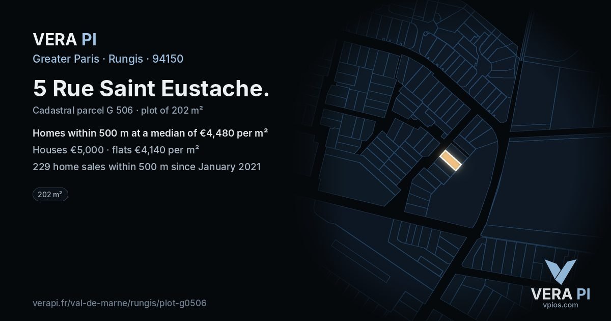 5 Rue Saint Eustache, Rungis at night – the plot lit, the parcels around coloured by the prices near them