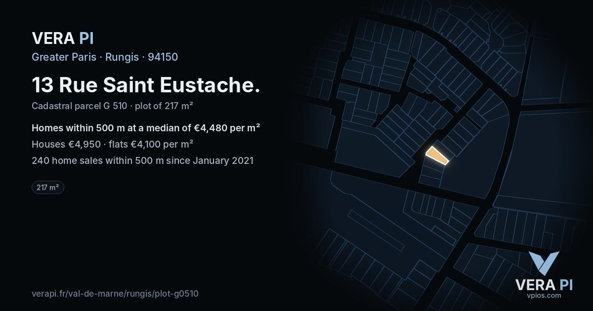 13 Rue Saint Eustache, Rungis at night – the plot lit, the parcels around coloured by the prices near them