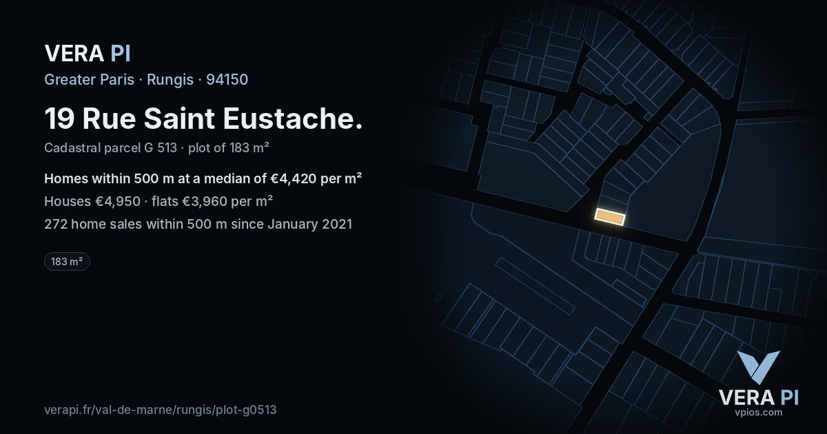 19 Rue Saint Eustache, Rungis at night – the plot lit, the parcels around coloured by the prices near them