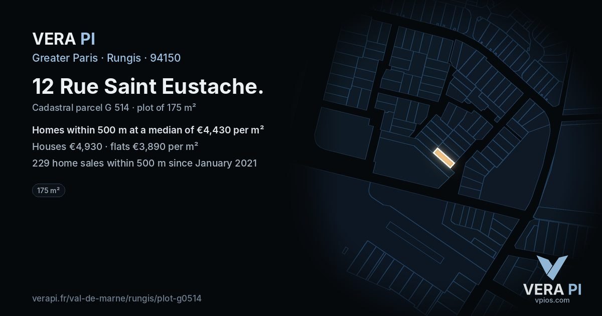 12 Rue Saint Eustache, Rungis at night – the plot lit, the parcels around coloured by the prices near them