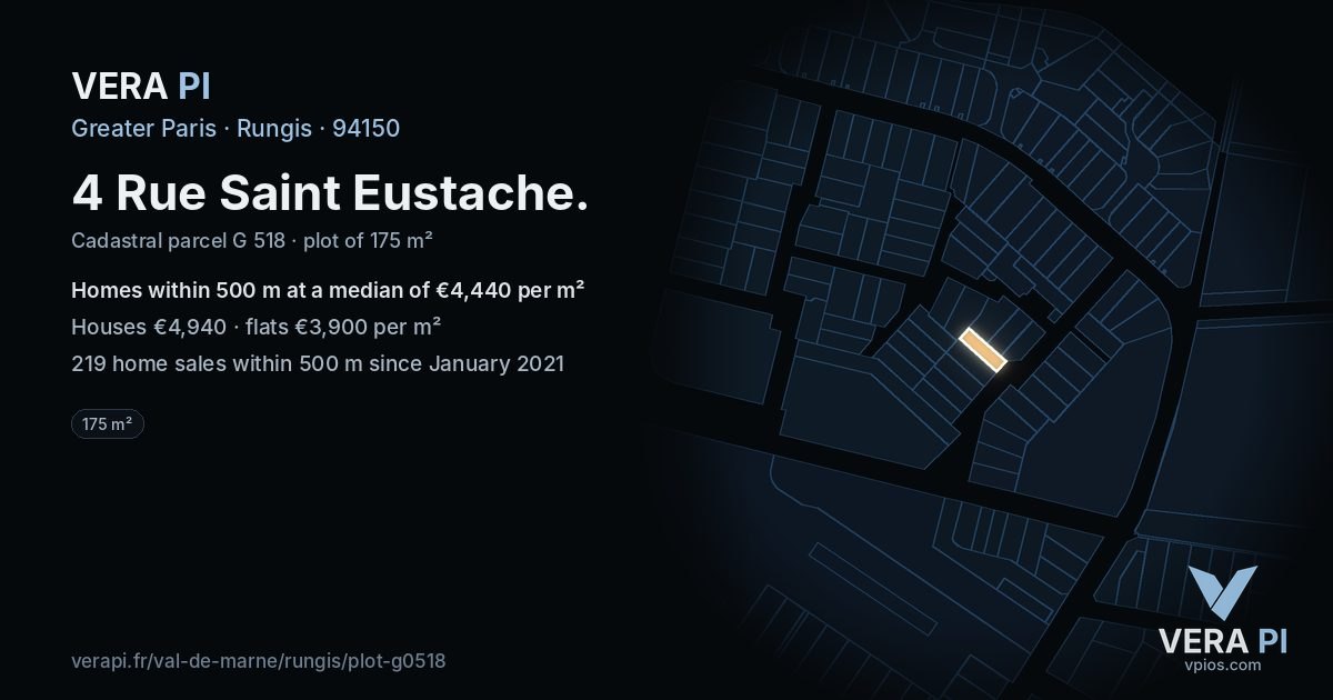 4 Rue Saint Eustache, Rungis at night – the plot lit, the parcels around coloured by the prices near them