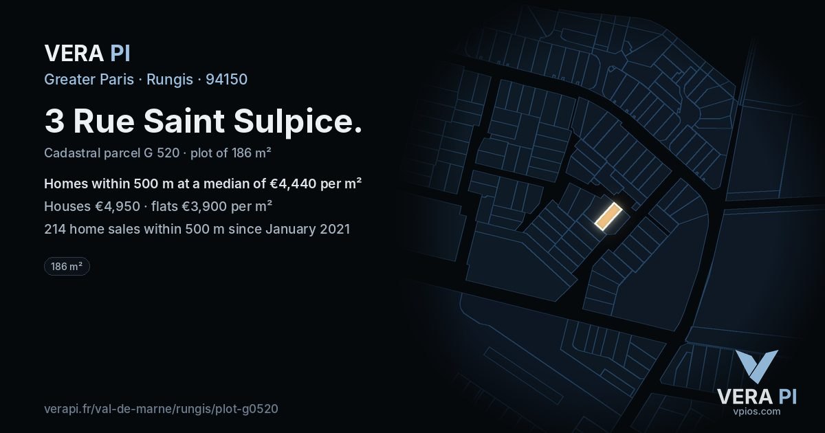 3 Rue Saint Sulpice, Rungis at night – the plot lit, the parcels around coloured by the prices near them