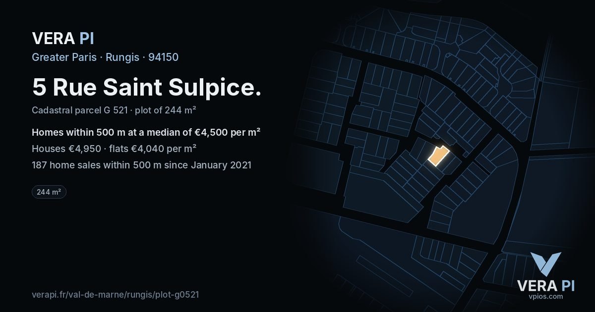 5 Rue Saint Sulpice, Rungis at night – the plot lit, the parcels around coloured by the prices near them