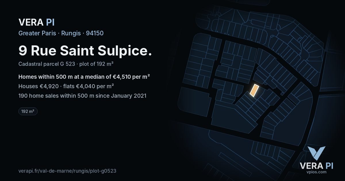 9 Rue Saint Sulpice, Rungis at night – the plot lit, the parcels around coloured by the prices near them
