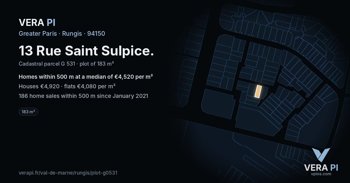 13 Rue Saint Sulpice, Rungis at night – the plot lit, the parcels around coloured by the prices near them