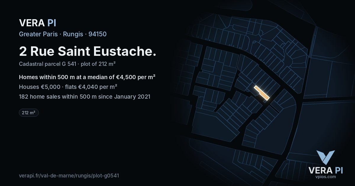 2 Rue Saint Eustache, Rungis at night – the plot lit, the parcels around coloured by the prices near them