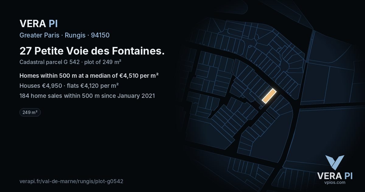 27 Petite Voie des Fontaines, Rungis at night – the plot lit, the parcels around coloured by the prices near them