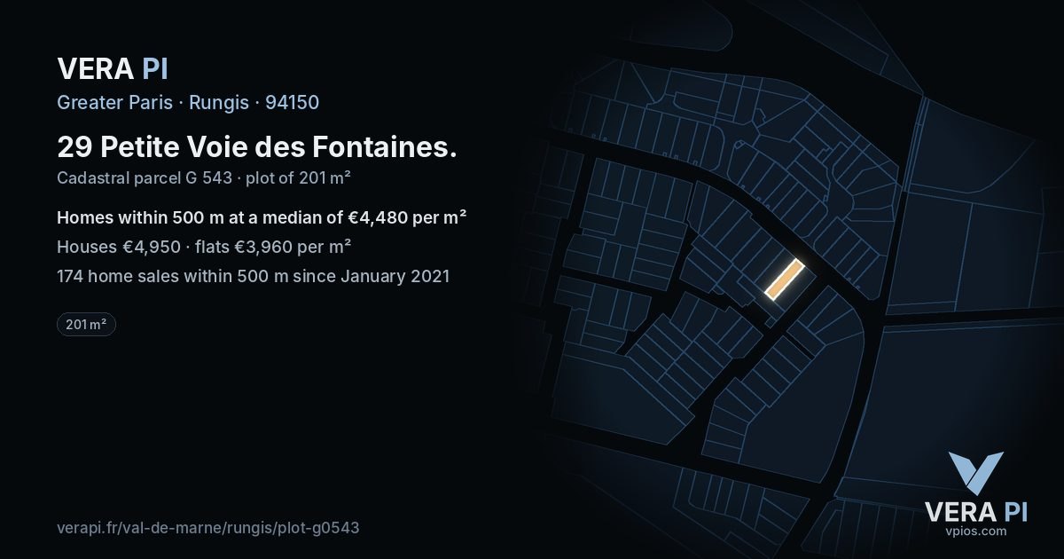 29 Petite Voie des Fontaines, Rungis at night – the plot lit, the parcels around coloured by the prices near them