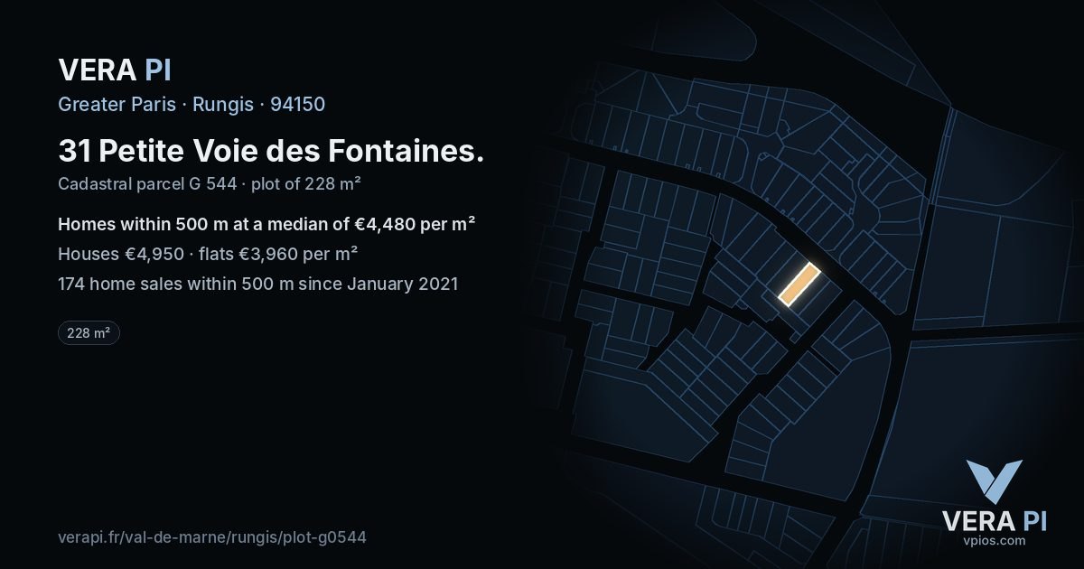 31 Petite Voie des Fontaines, Rungis at night – the plot lit, the parcels around coloured by the prices near them