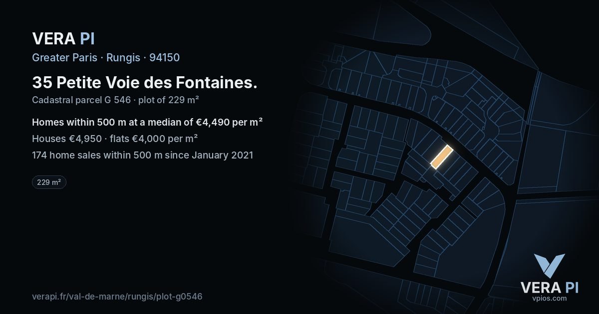 35 Petite Voie des Fontaines, Rungis at night – the plot lit, the parcels around coloured by the prices near them