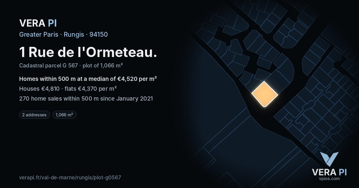 1 Rue de l'Ormeteau, Rungis at night – the plot lit, the parcels around coloured by the prices near them