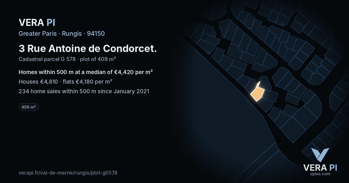 3 Rue Antoine de Condorcet, Rungis at night – the plot lit, the parcels around coloured by the prices near them