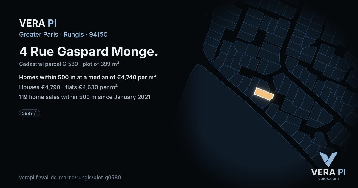 4 Rue Gaspard Monge, Rungis at night – the plot lit, the parcels around coloured by the prices near them