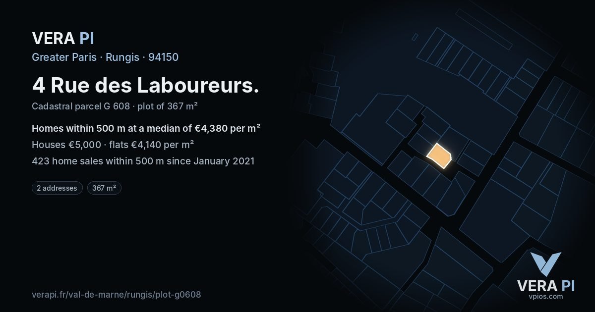 4 Rue des Laboureurs, Rungis at night – the plot lit, the parcels around coloured by the prices near them