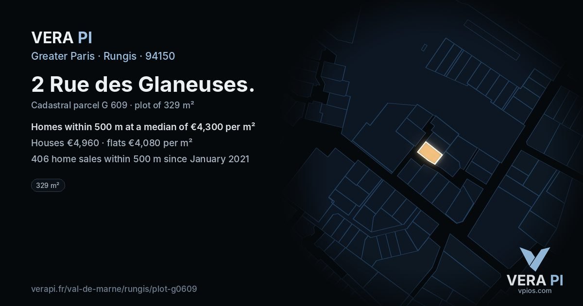 2 Rue des Glaneuses, Rungis at night – the plot lit, the parcels around coloured by the prices near them