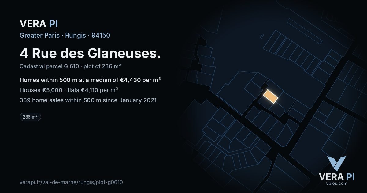 4 Rue des Glaneuses, Rungis at night – the plot lit, the parcels around coloured by the prices near them