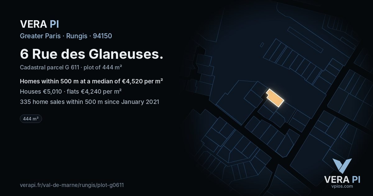6 Rue des Glaneuses, Rungis at night – the plot lit, the parcels around coloured by the prices near them