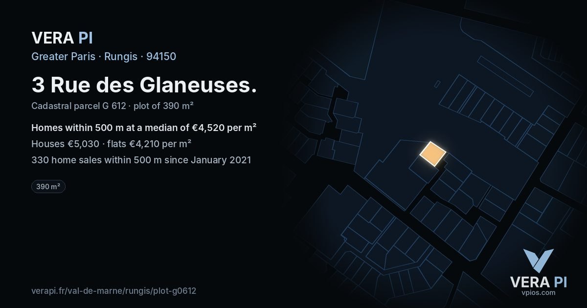 3 Rue des Glaneuses, Rungis at night – the plot lit, the parcels around coloured by the prices near them