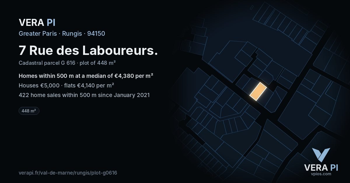 7 Rue des Laboureurs, Rungis at night – the plot lit, the parcels around coloured by the prices near them