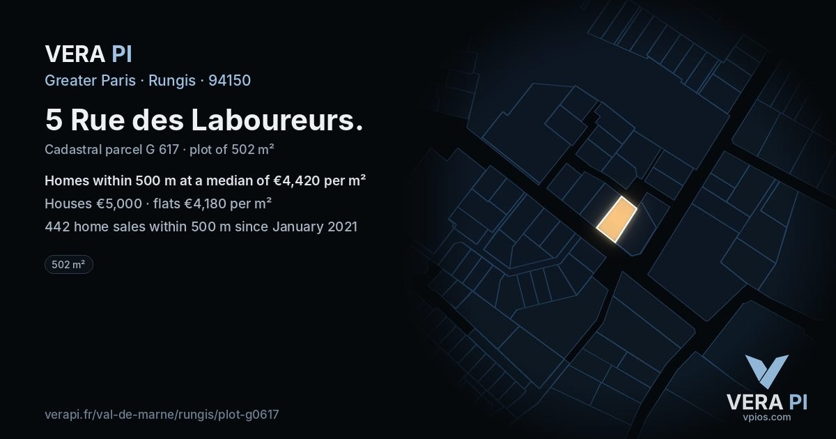 5 Rue des Laboureurs, Rungis at night – the plot lit, the parcels around coloured by the prices near them
