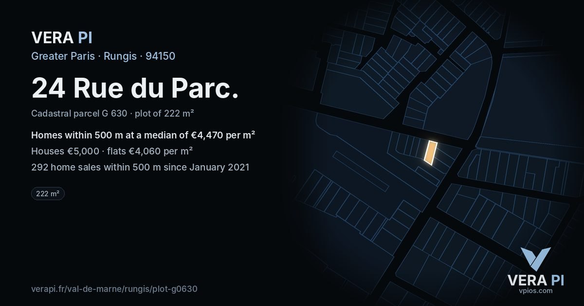 24 Rue du Parc, Rungis at night – the plot lit, the parcels around coloured by the prices near them