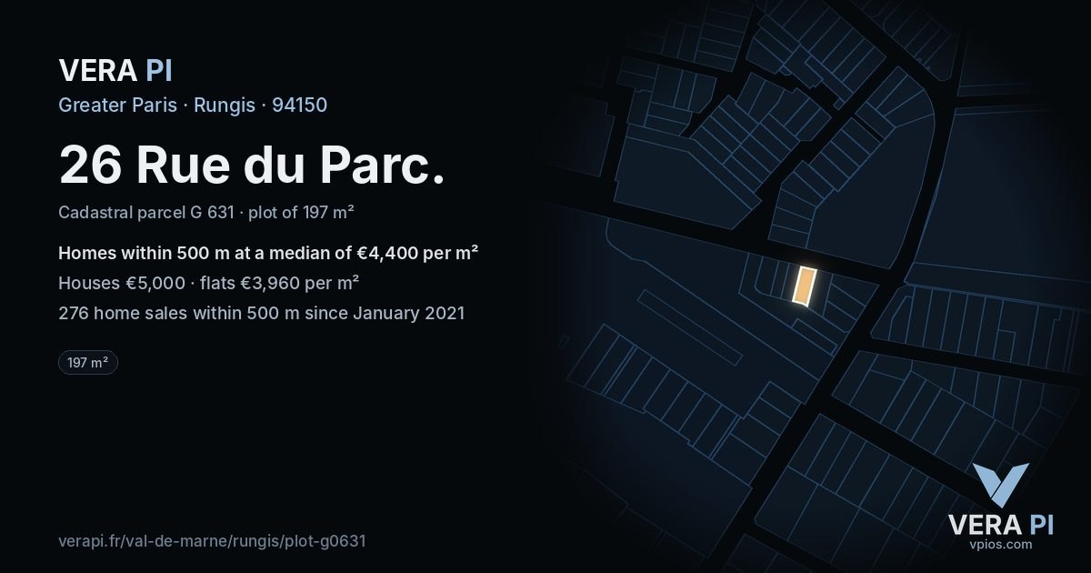 26 Rue du Parc, Rungis at night – the plot lit, the parcels around coloured by the prices near them