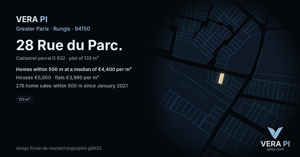 28 Rue du Parc, Rungis at night – the plot lit, the parcels around coloured by the prices near them