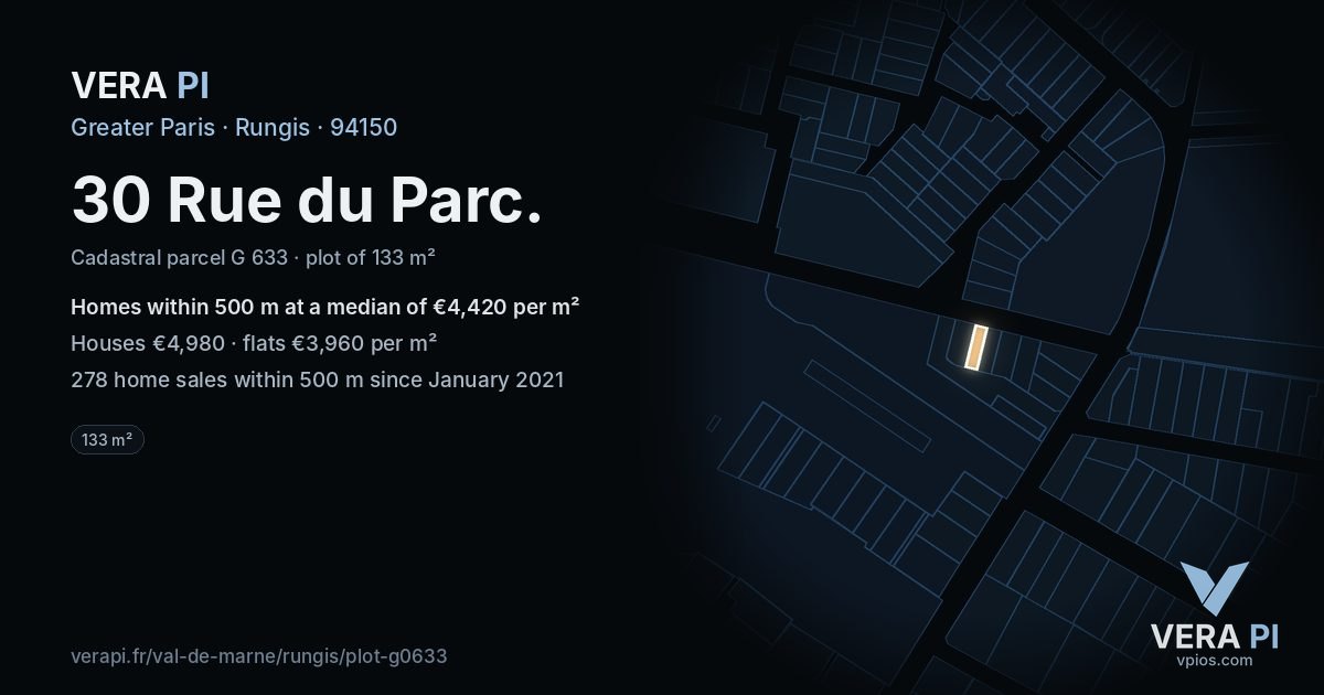 30 Rue du Parc, Rungis at night – the plot lit, the parcels around coloured by the prices near them