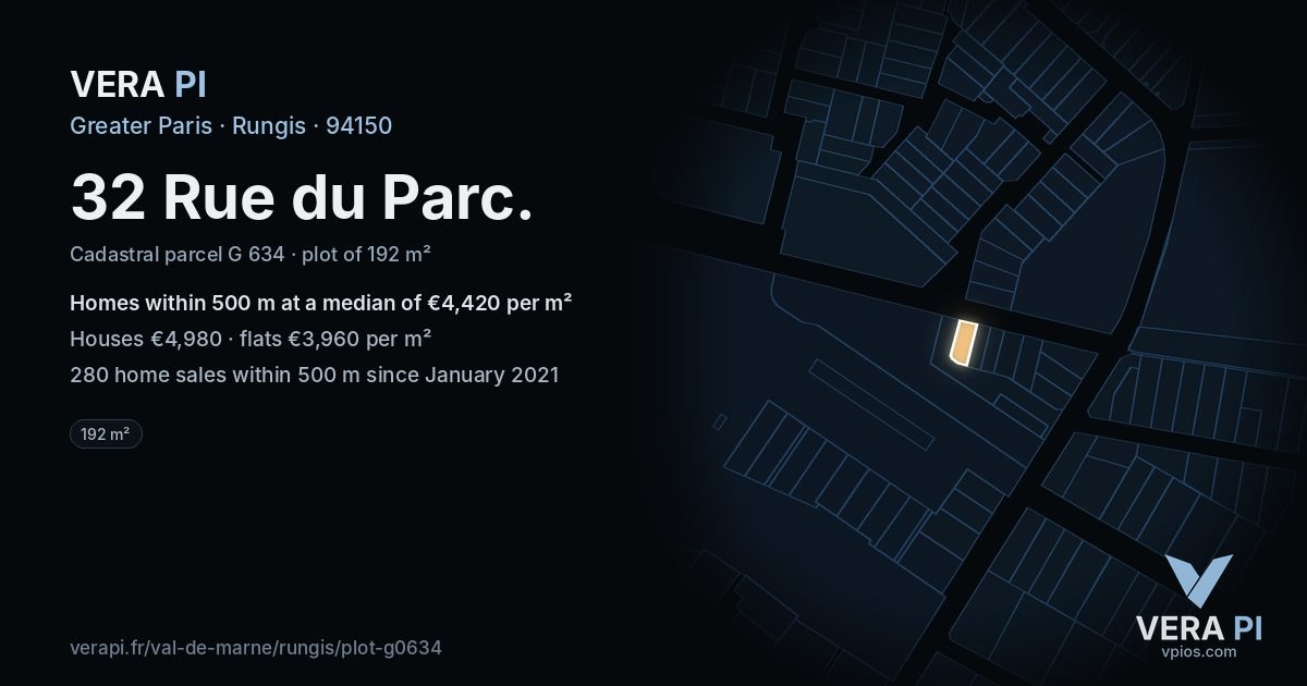 32 Rue du Parc, Rungis at night – the plot lit, the parcels around coloured by the prices near them