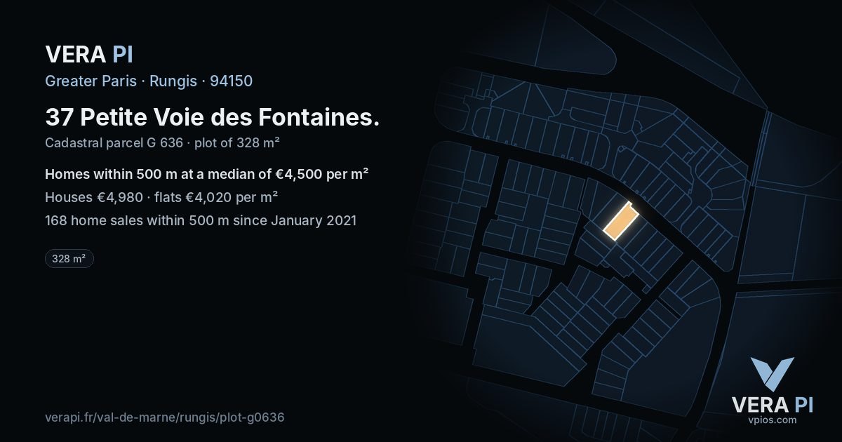 37 Petite Voie des Fontaines, Rungis at night – the plot lit, the parcels around coloured by the prices near them