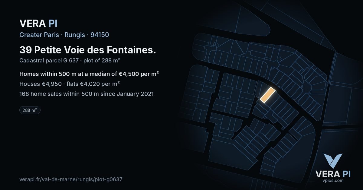 39 Petite Voie des Fontaines, Rungis at night – the plot lit, the parcels around coloured by the prices near them