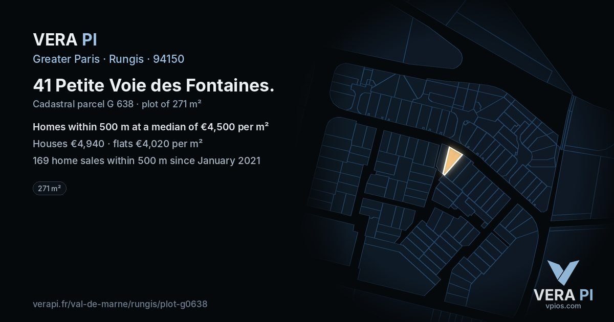 41 Petite Voie des Fontaines, Rungis at night – the plot lit, the parcels around coloured by the prices near them