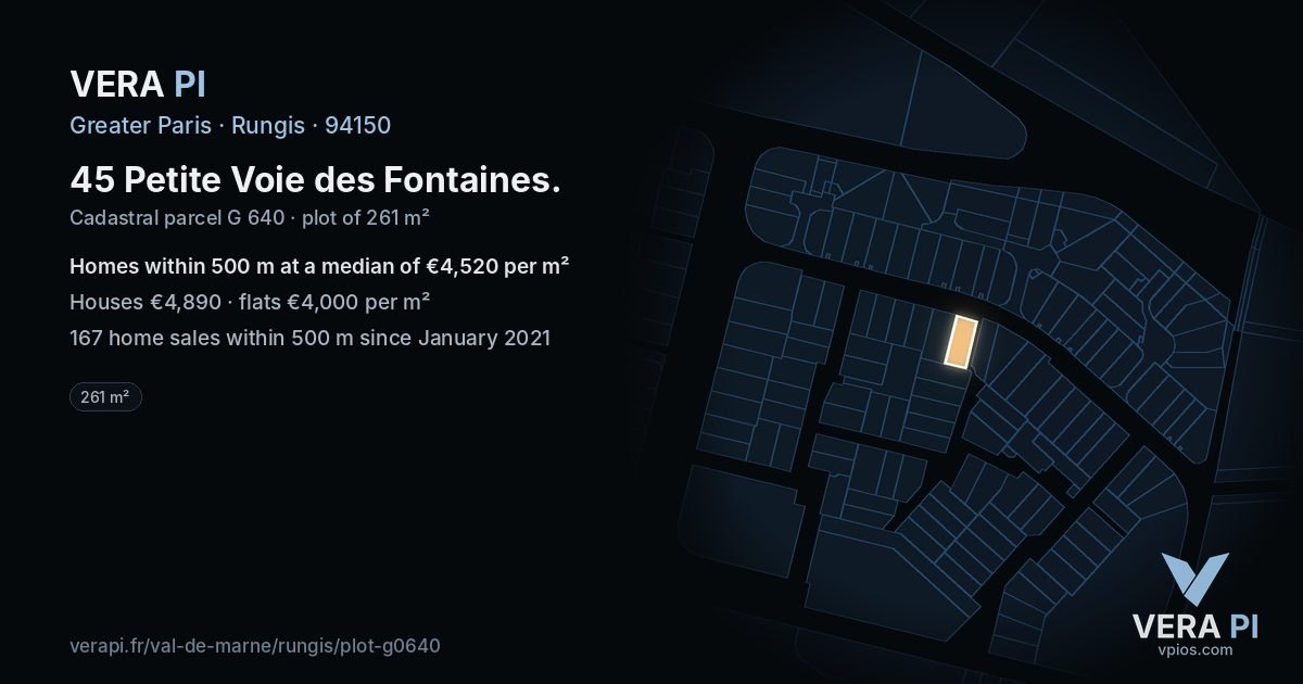 45 Petite Voie des Fontaines, Rungis at night – the plot lit, the parcels around coloured by the prices near them