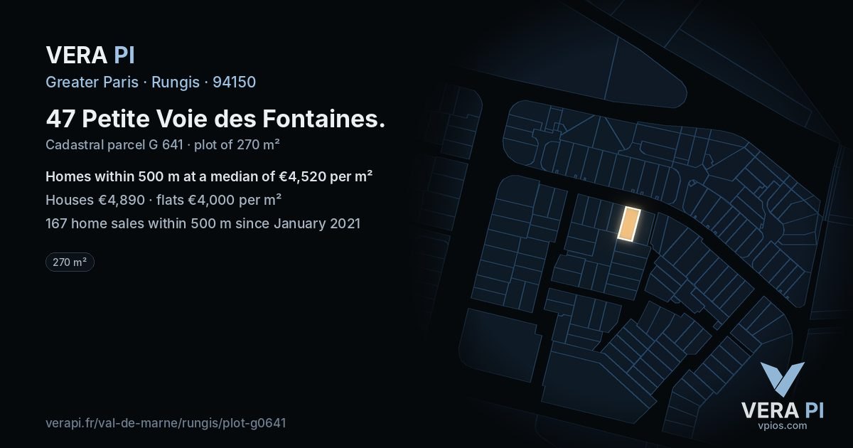 47 Petite Voie des Fontaines, Rungis at night – the plot lit, the parcels around coloured by the prices near them