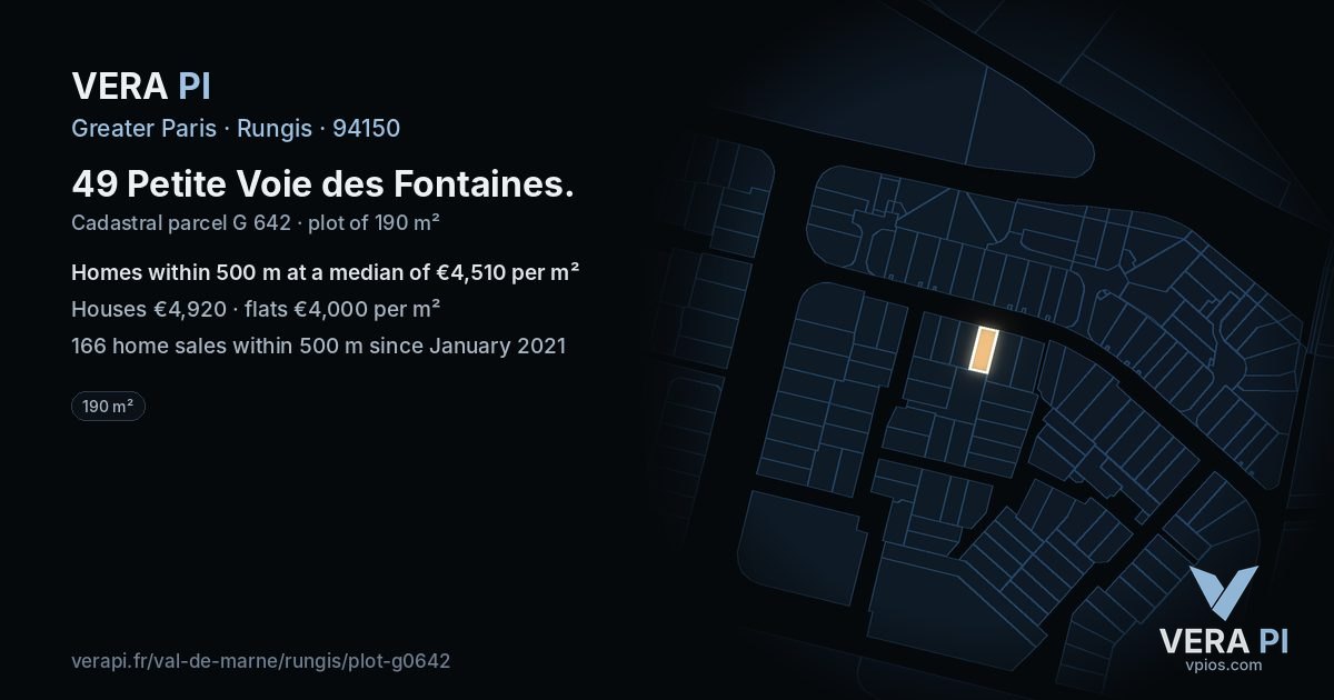 49 Petite Voie des Fontaines, Rungis at night – the plot lit, the parcels around coloured by the prices near them